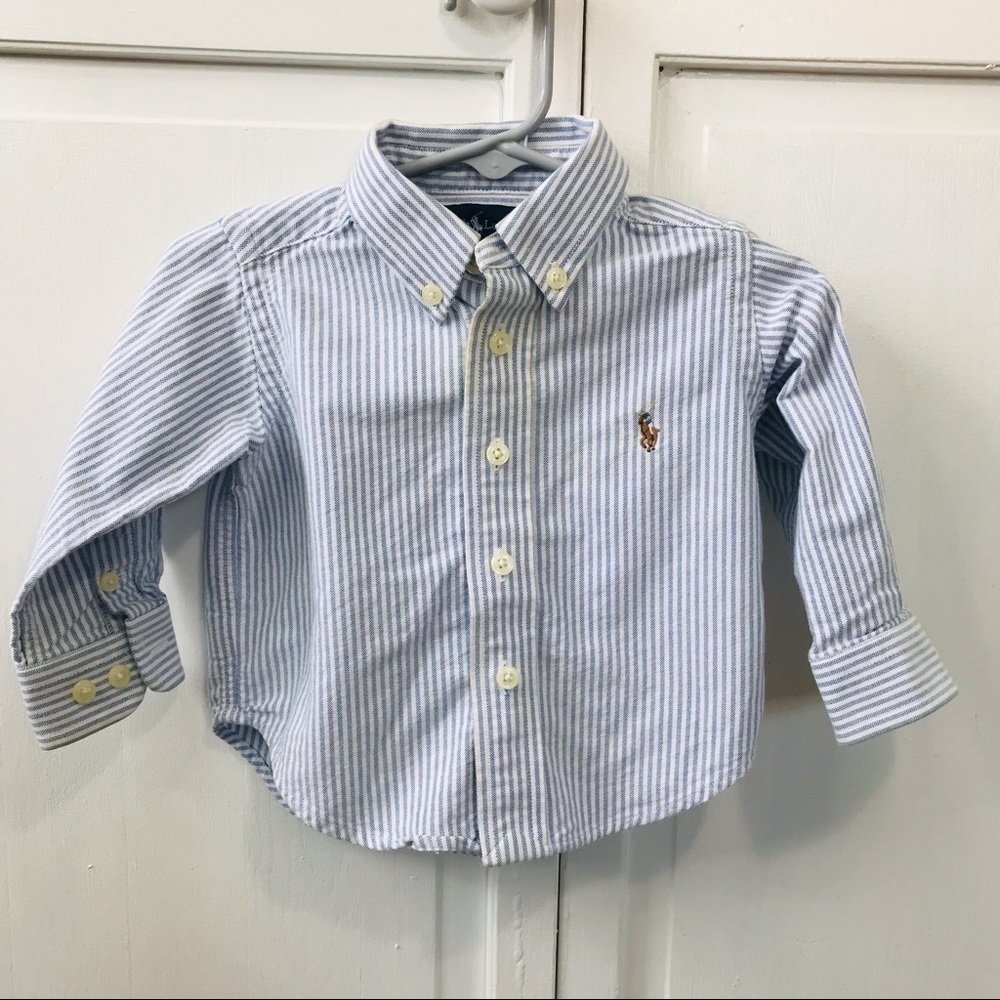 3/$25 RALPH LAUREN Blue White Striped Cotton Button Down Shirt Size 9 Months